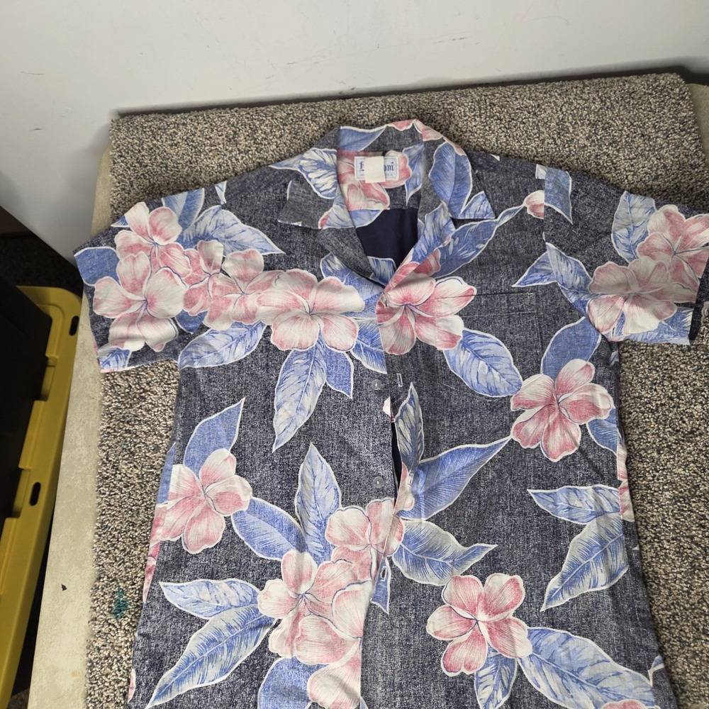 Kai Nani Vintage Hawaiian Shirt Mens Medium Blue Pink Floral Cotton Made in USA